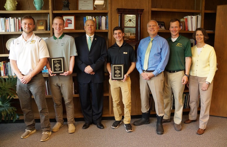 Coach Brian Mitko, Jake Robinson, President Dr. Michael R. Laliberte, Matt Scavetta, Vice President for Student Life Tomas Aguirre, Coach Robb Munro, Associate AD Cathy Foto.
